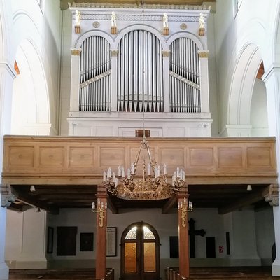 Gesell-Orgel (I/P/9, 1848) der evangelischen Dorfkirche Saarmund im Brandenburger Landkreis Potsdam-Mittelmark 