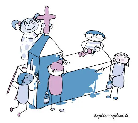 Zeichnung von Sophia Stefani: Kinder malen eine Kirchen-Modell bunt an