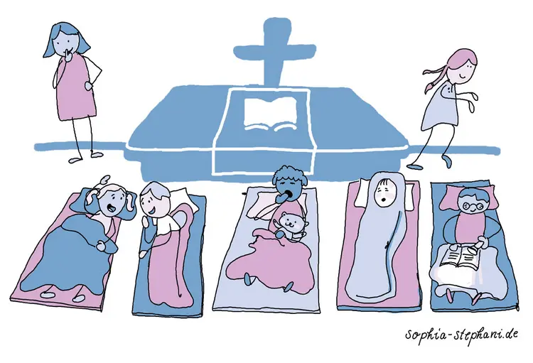 Zeichnung von Sophia Stephani: Kinder übernachten auf Isomatten und mit Schlafsäcken in der Kirche