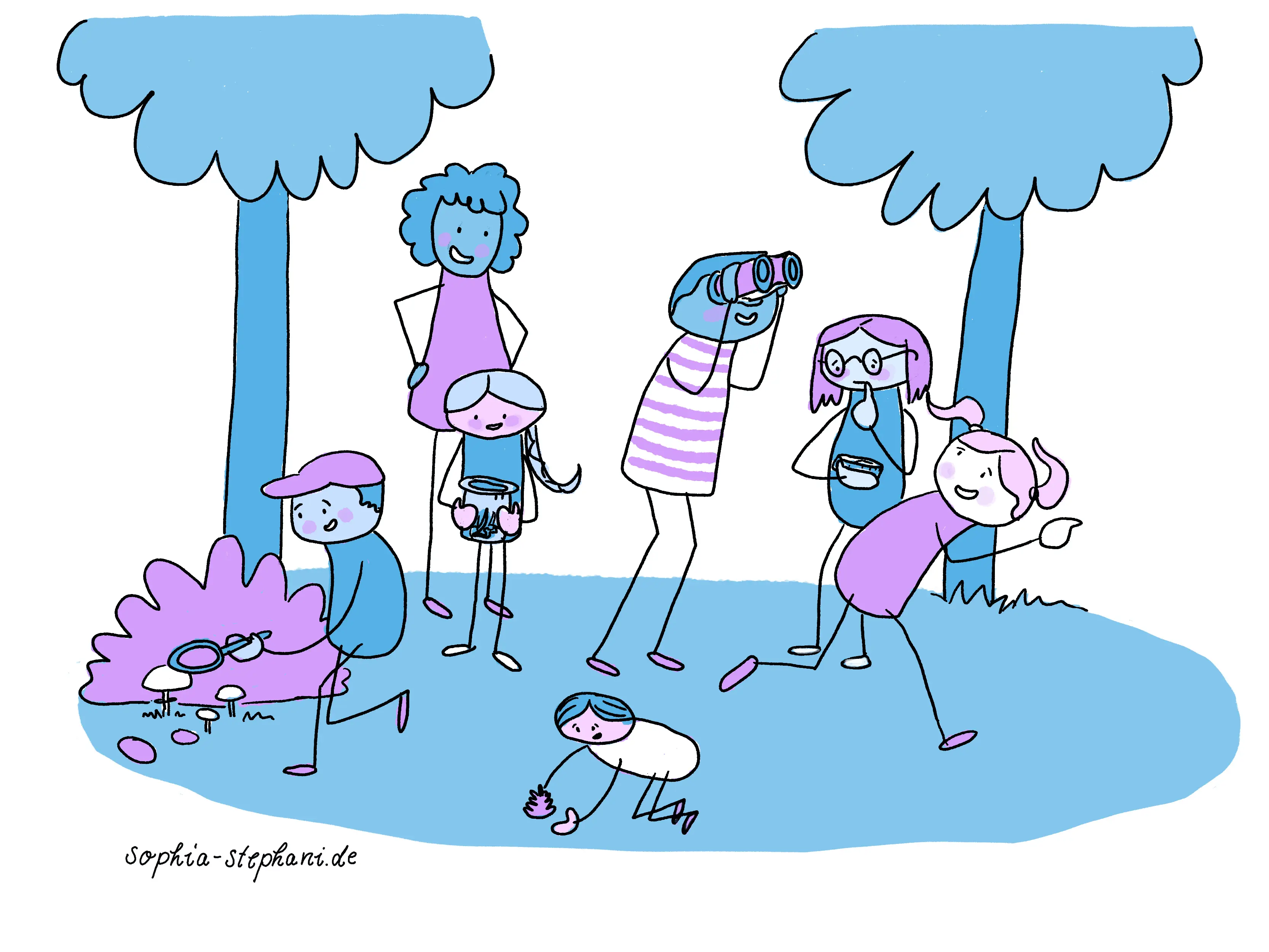 Illustration Sophia Stephani: Kinder erleben Abenteuer im Wald