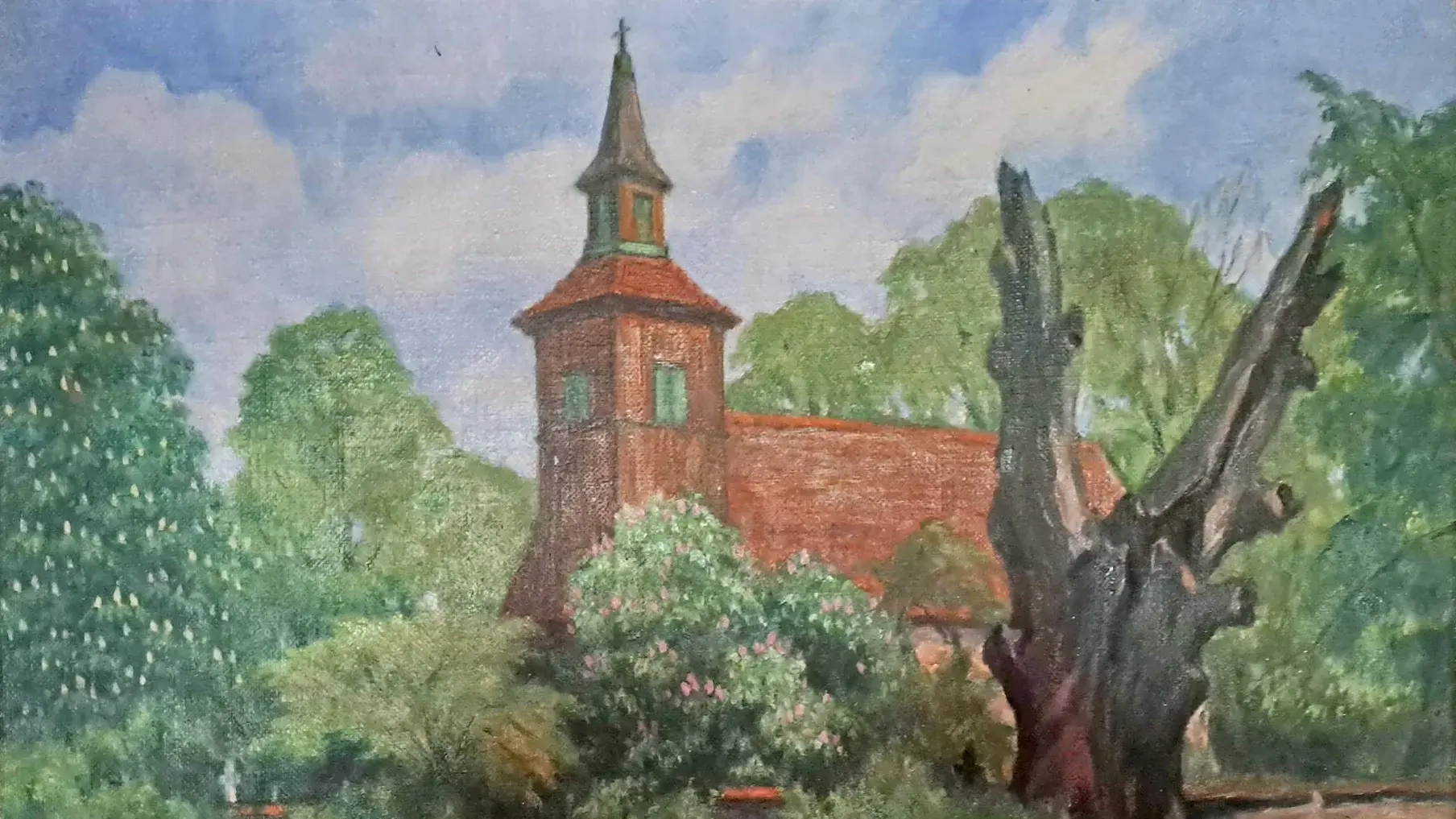 Malerei von Alfred Glatz: Dorfkirche Giesensdorf in Berlin-Lichterfelde