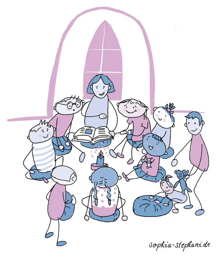 Zeichnung von Sophia Stephani: Kinder sitzen in einem Kreis und halten eine Andacht